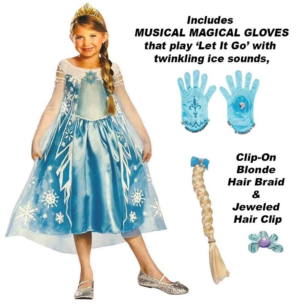 Disney Frozen Elsa Princess Costume Hair Braid & MUSCIAL MAGICAL Gloves Lg